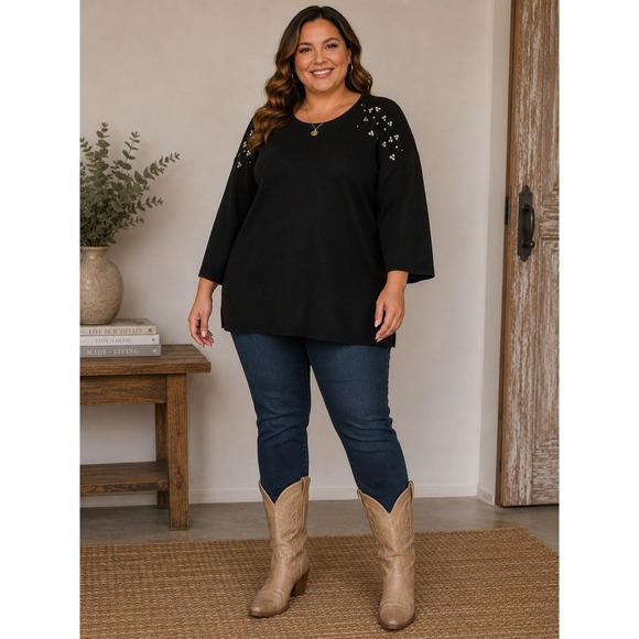 Susan Graver Sweaters - Susan Graver Black Rhinestone Embellished Knit Sweater 3/4 Sleeve Plus 5X New
